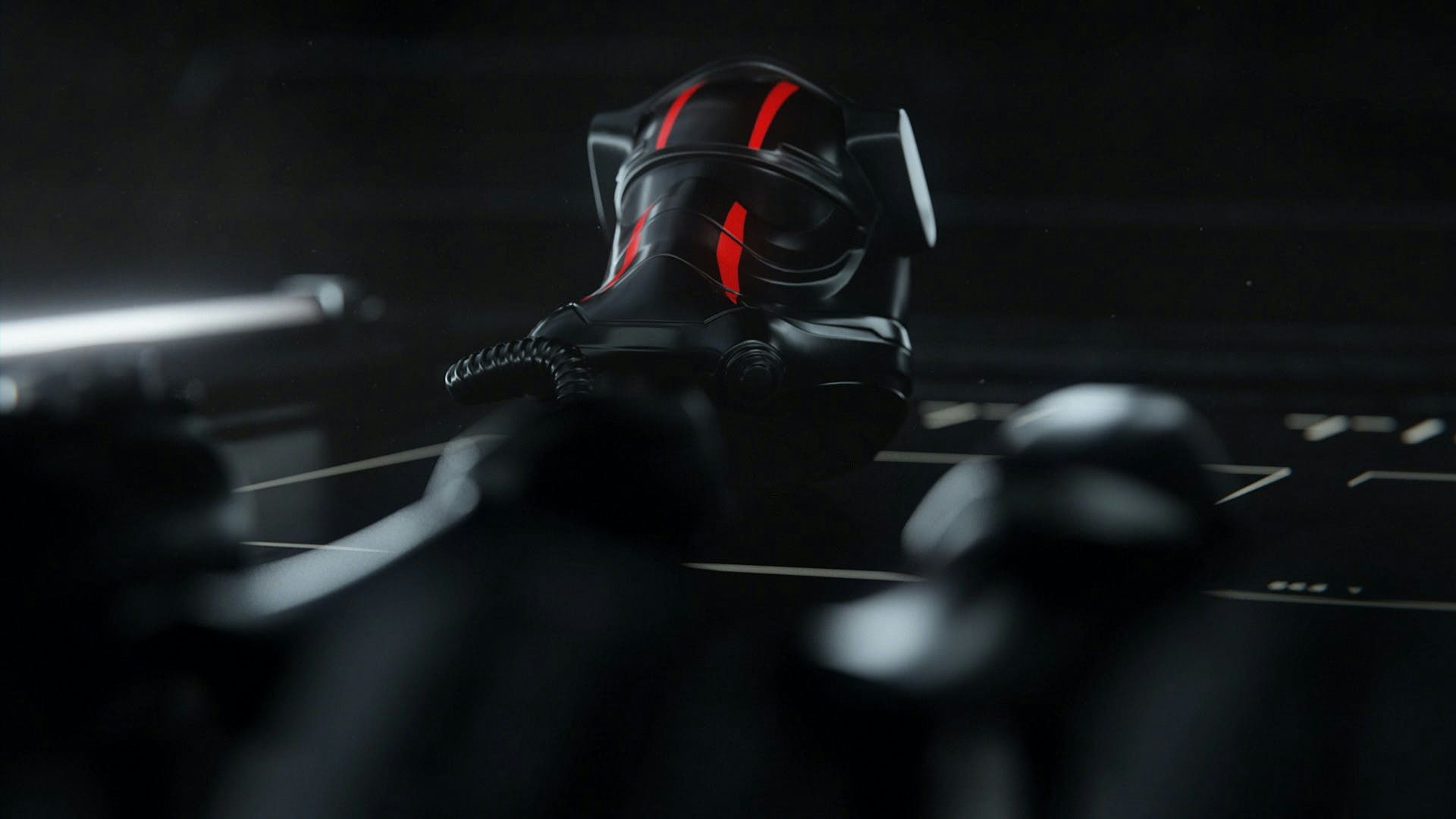 A Lego Star Wars Elite tie fighter pilot helmet in a dark environment