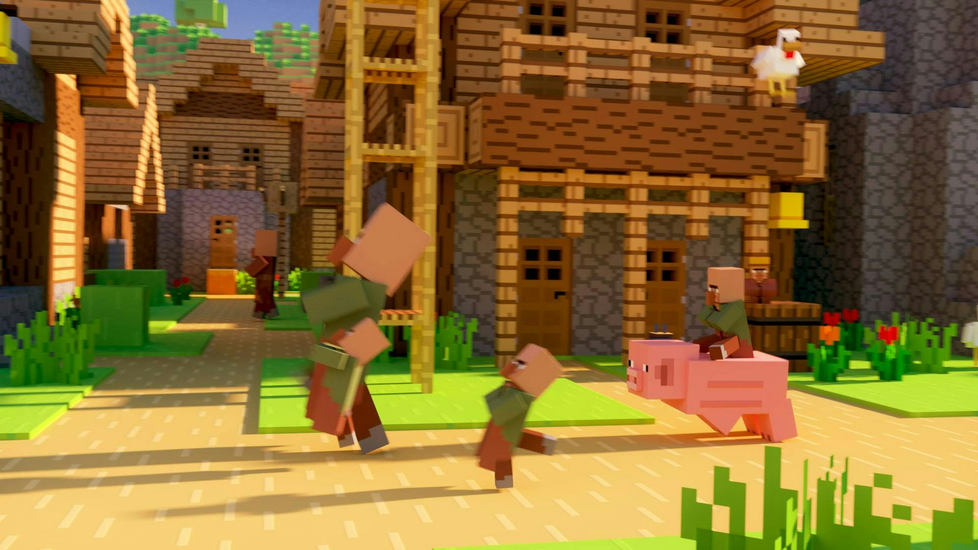 Two baby villagers and one villager being chased by a baby villagers riding a pig.