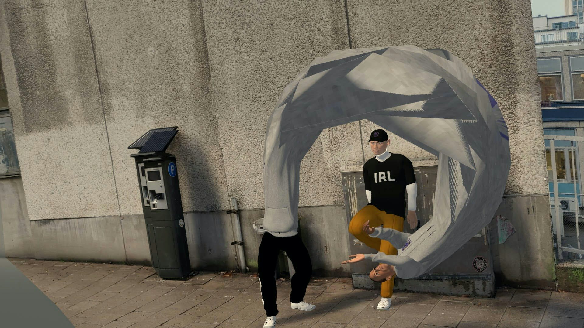Two virtual influencers in an urban environment. One of them is leaning on a electrical cabinet wearing a shit with the text IRL on it. The other one is glitching out in front of him. His body almost forming a circle.