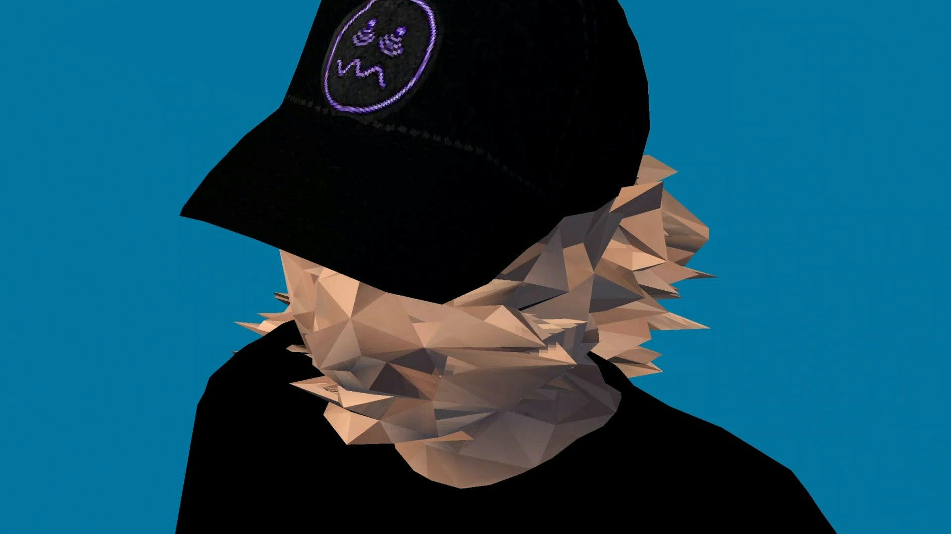 En 3D-karaktär som bär en keps från weekday med en blå bakgrund. 3D-karaktärens ansikte glitchar ur med synliga polygoner