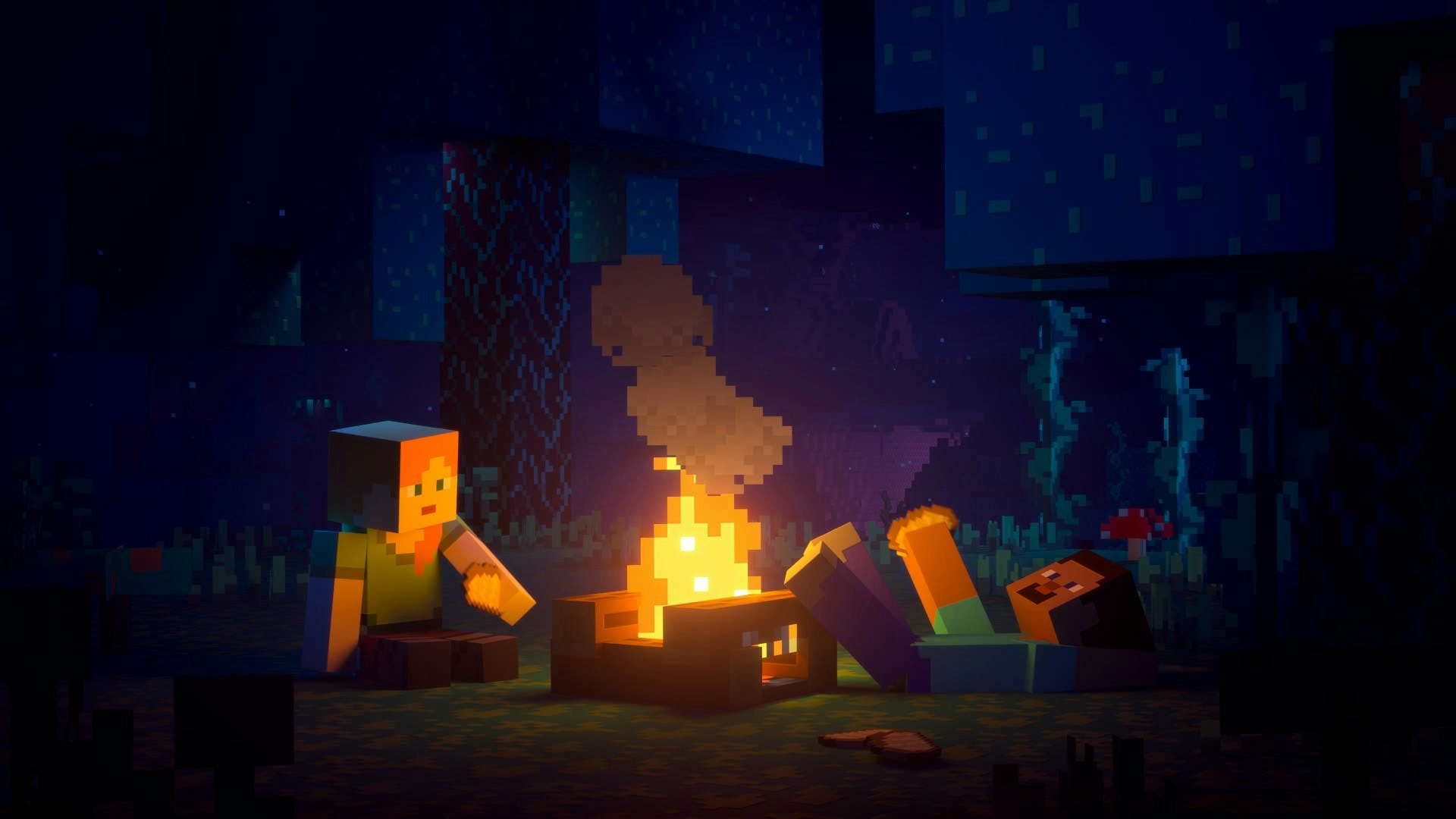 Steve and Alex are grilling meat at a campfire in the Nether