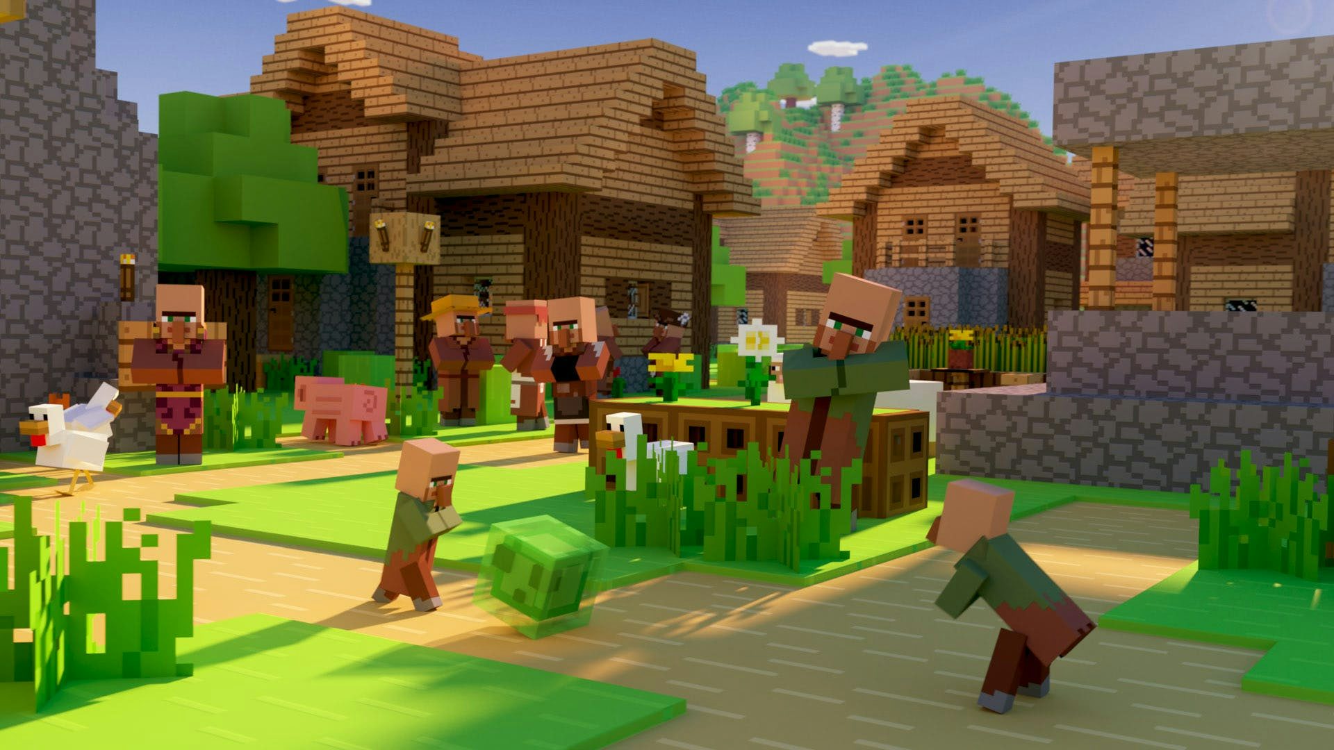 Two baby villagers playing soccer with a slime. In the background there are chickens and villagers running around. Town square in the background.