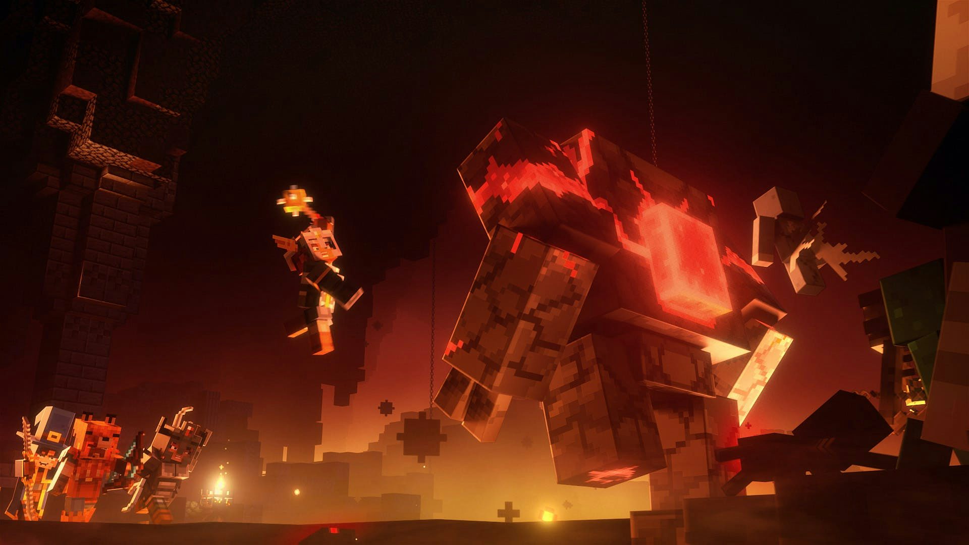 Valorie dressed in heroes armor doing a jump attack with a mace towards a redstone golem 